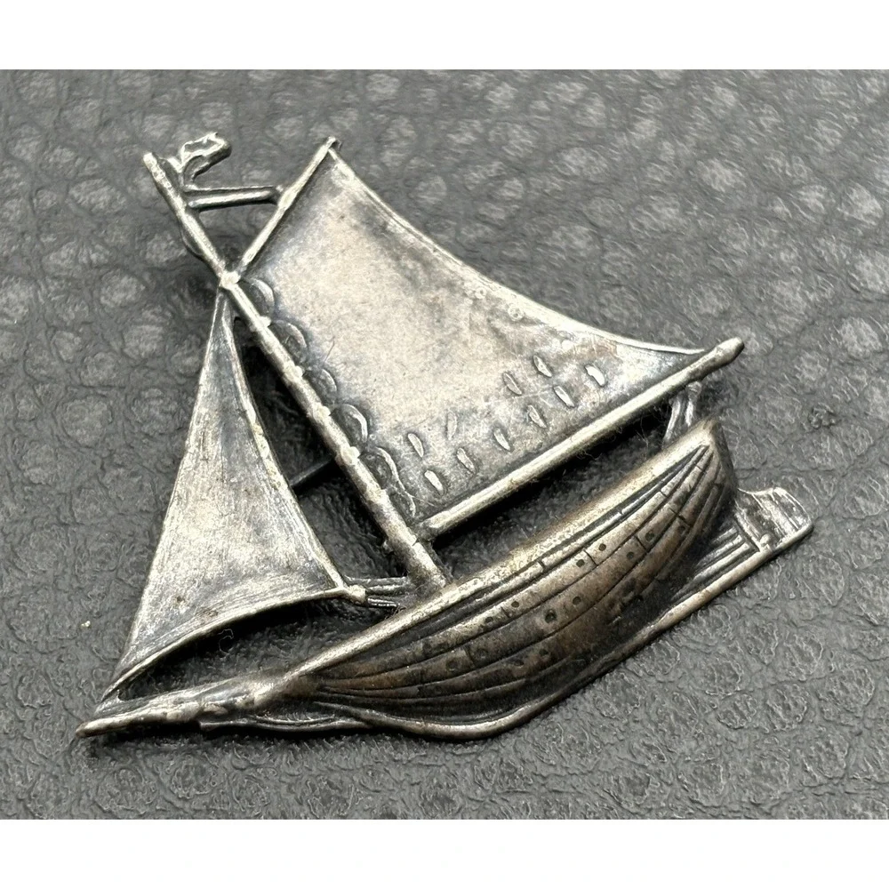 Vintage Sailboat Ship Brooch Nautical Ocean Beach Silver Plated